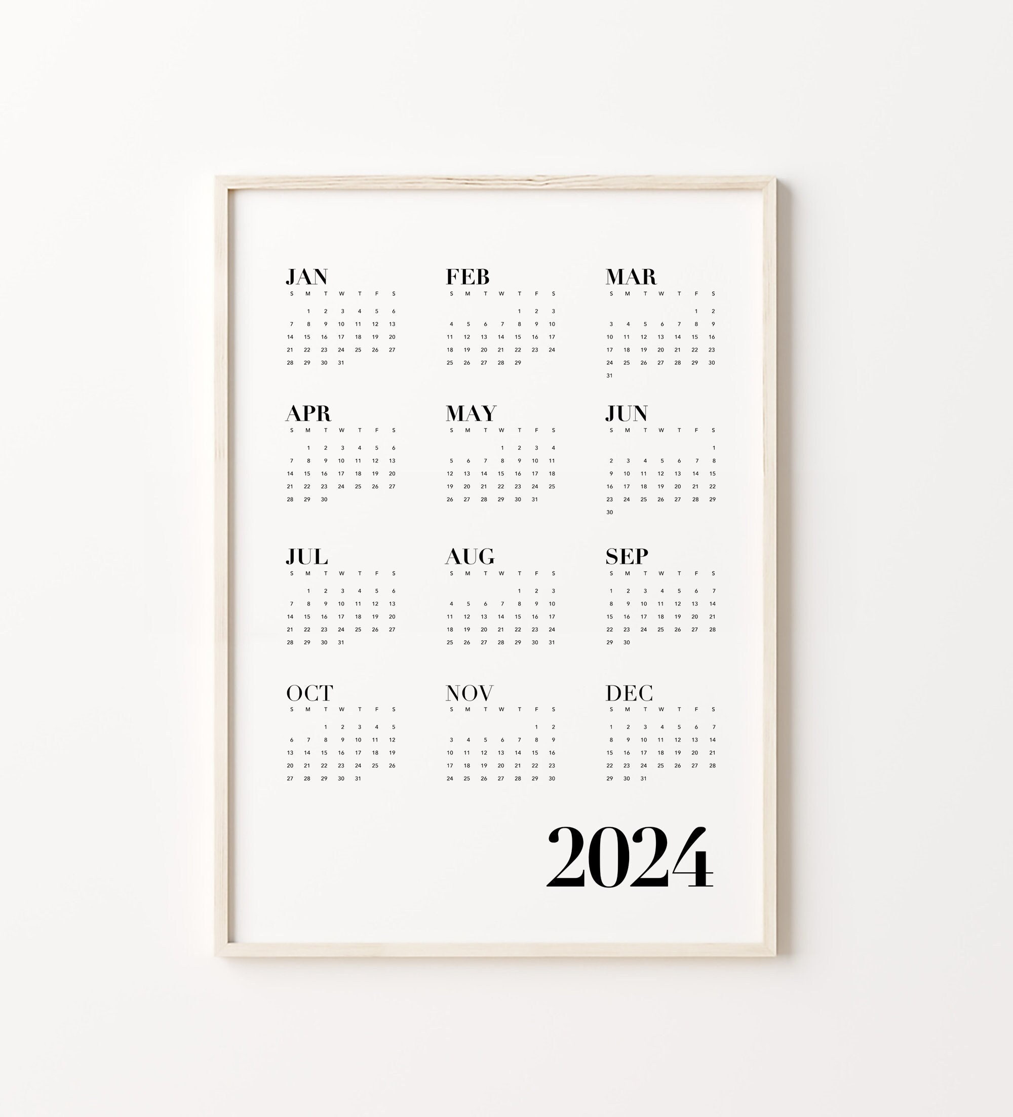 2025 Black and White Wall Calendar, Year at a Glance, One Page Modern