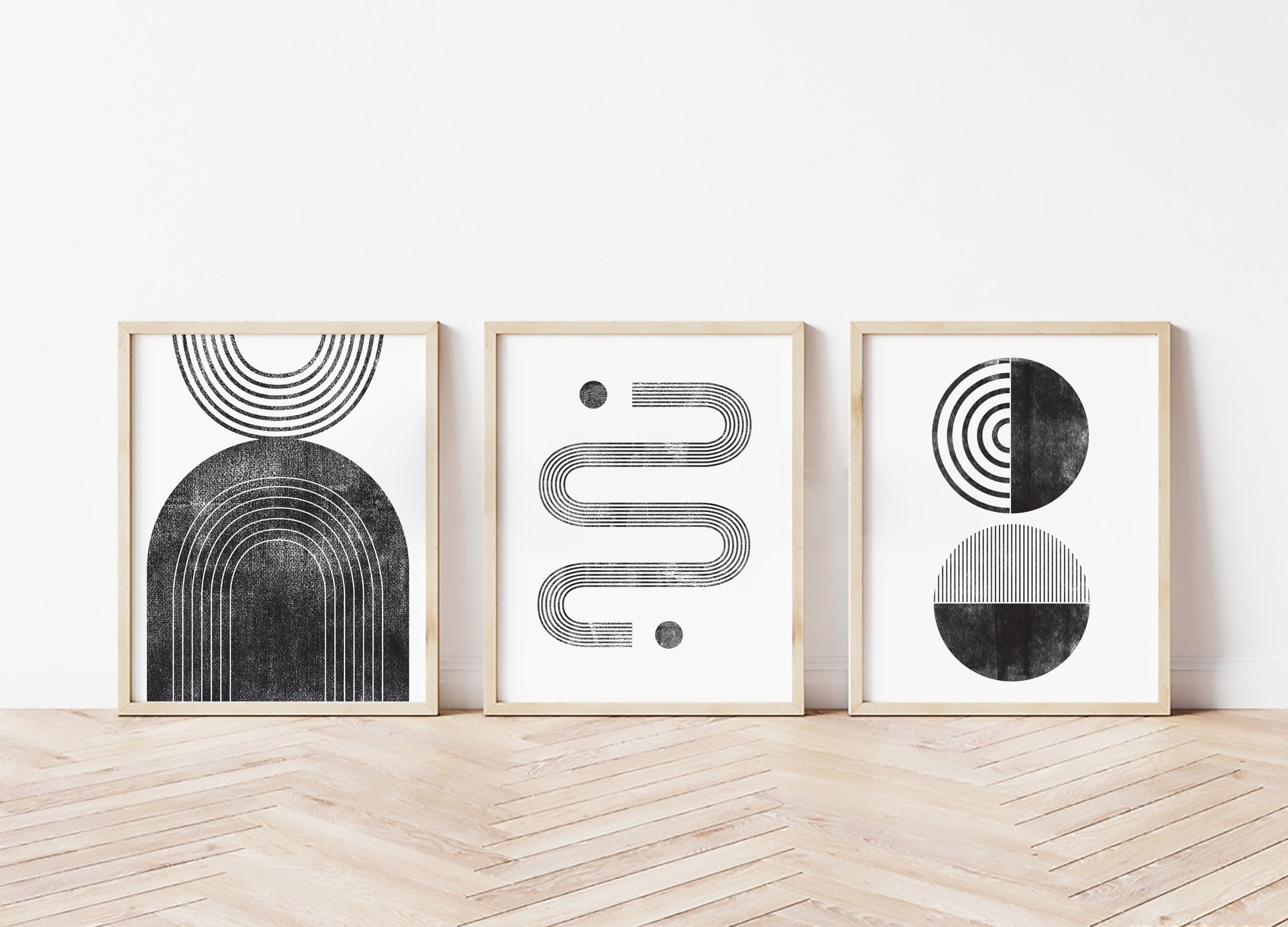Set of 3 Black and White Geometric Wall Art, Mid-century Modern Art ...