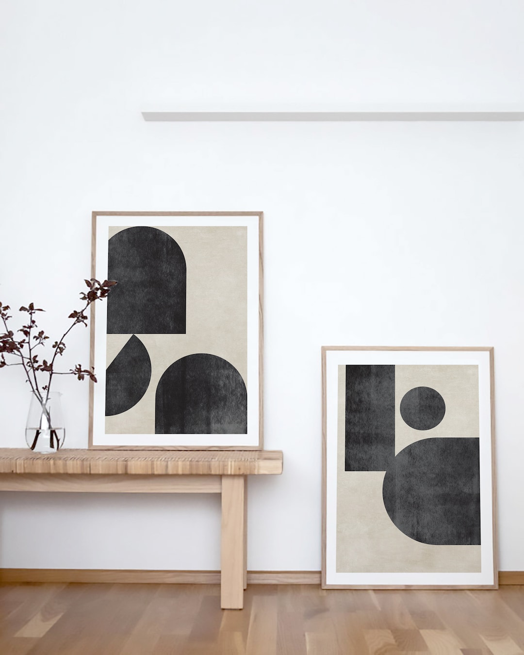 Set of 2 Geometric Black and Beige Shape Art, Printable Wall Art ...