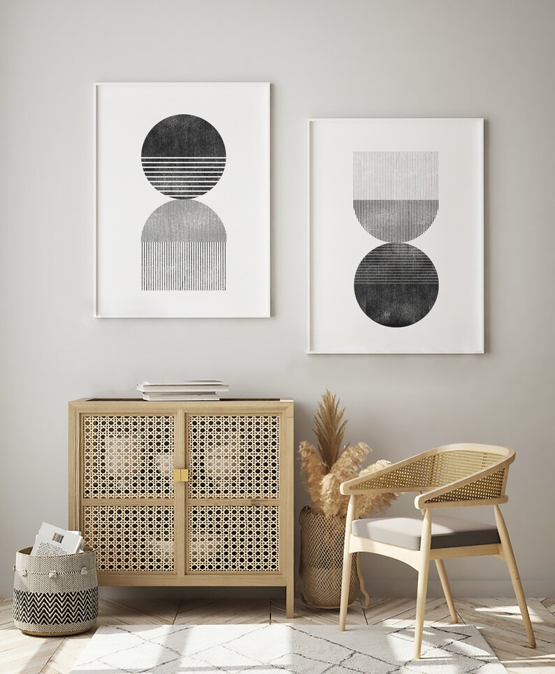 Set of 2 Geometric Black and White Circle Line Wall Art, Printable Wall ...