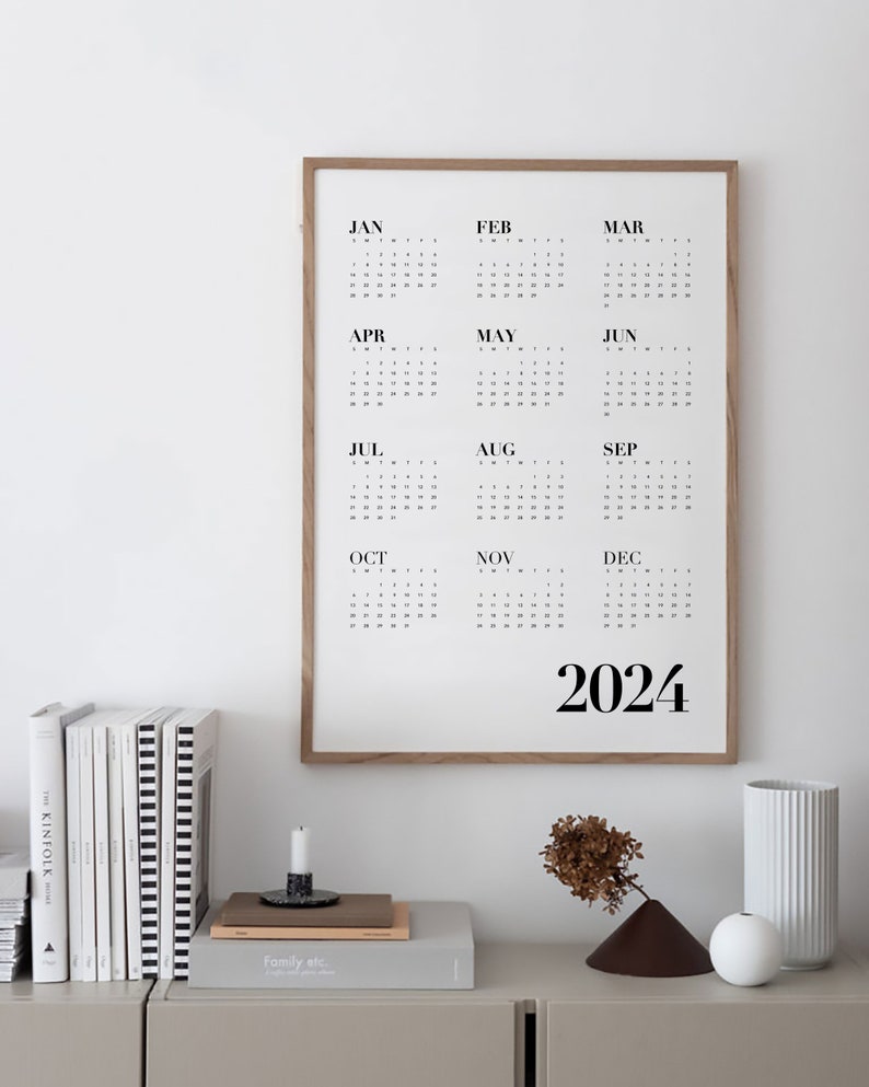 2024 Black and White Wall Calendar, Year at a Glance, One Page Modern