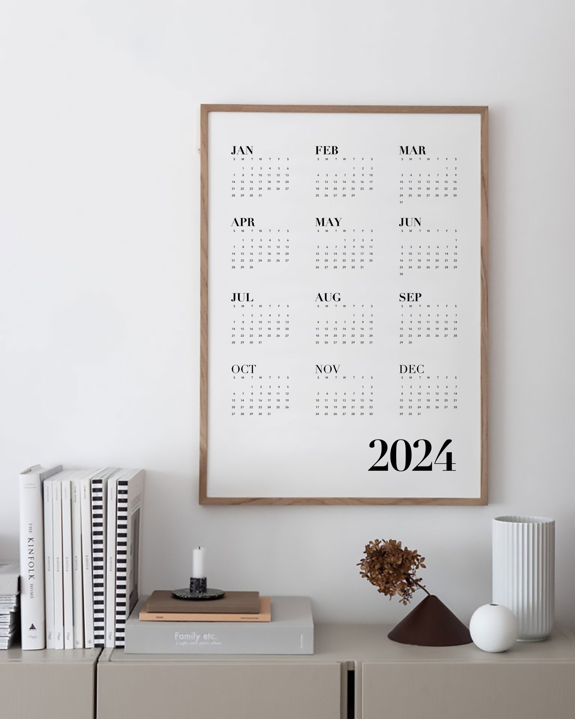 2024 Black and White Wall Calendar, Year at a Glance, One Page Modern