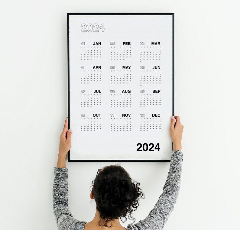 2024 Year at a Glance, One Page Modern Wall Calendar, 12 Month