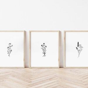 Set of 3 Black and White Minimalist Botanical Flowers and Leaves Wall Art, Boho Modern Art, Organic Hand Drawn Print, Printable Home Decor