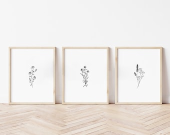 Set of 3 Black and White Minimalist Botanical Flowers and Leaves Wall Art, Boho Modern Art, Organic Hand Drawn Print, Printable Home Decor