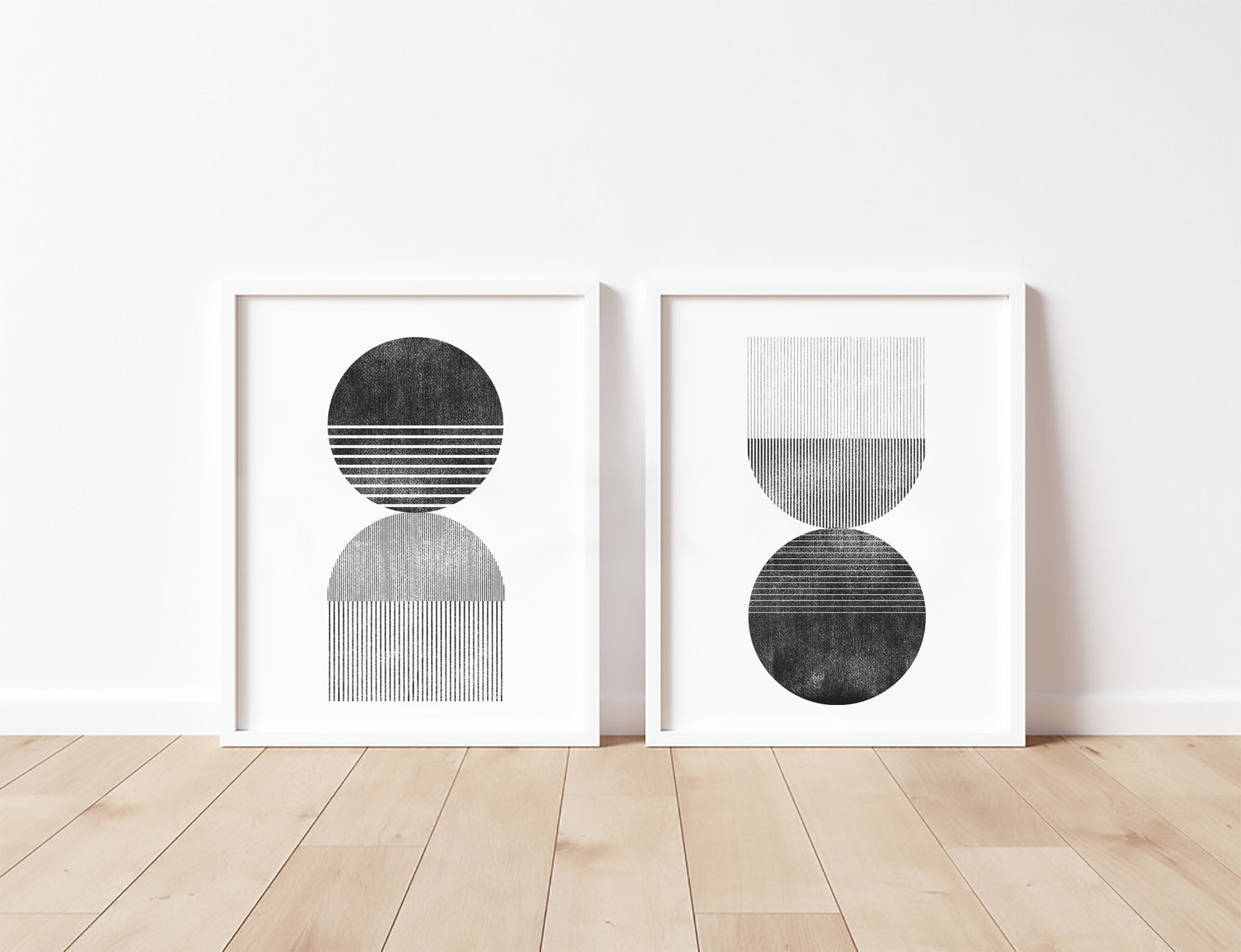 Set of 2 Geometric Black and White Circle Line Wall Art, Printable Wall ...