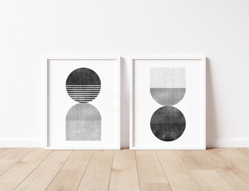 Set of 2 Geometric Black and White Circle Line Wall Art | Etsy
