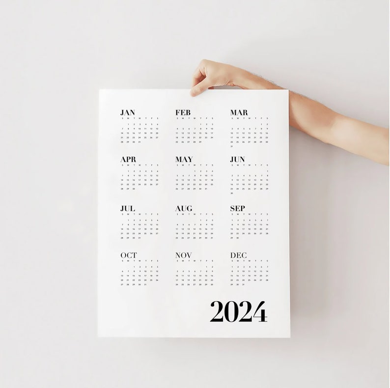 2024 Black and White Wall Calendar, Year at a Glance, One Page Modern