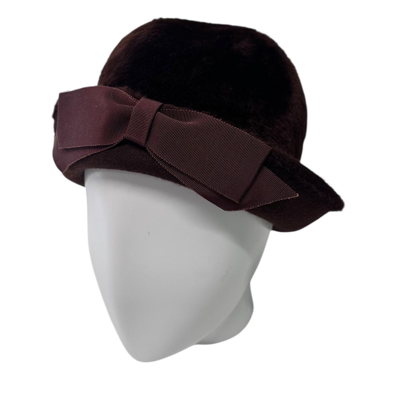 Vintage Milady Brown Faux Fur Bow Fedora Hat Women display picture 3