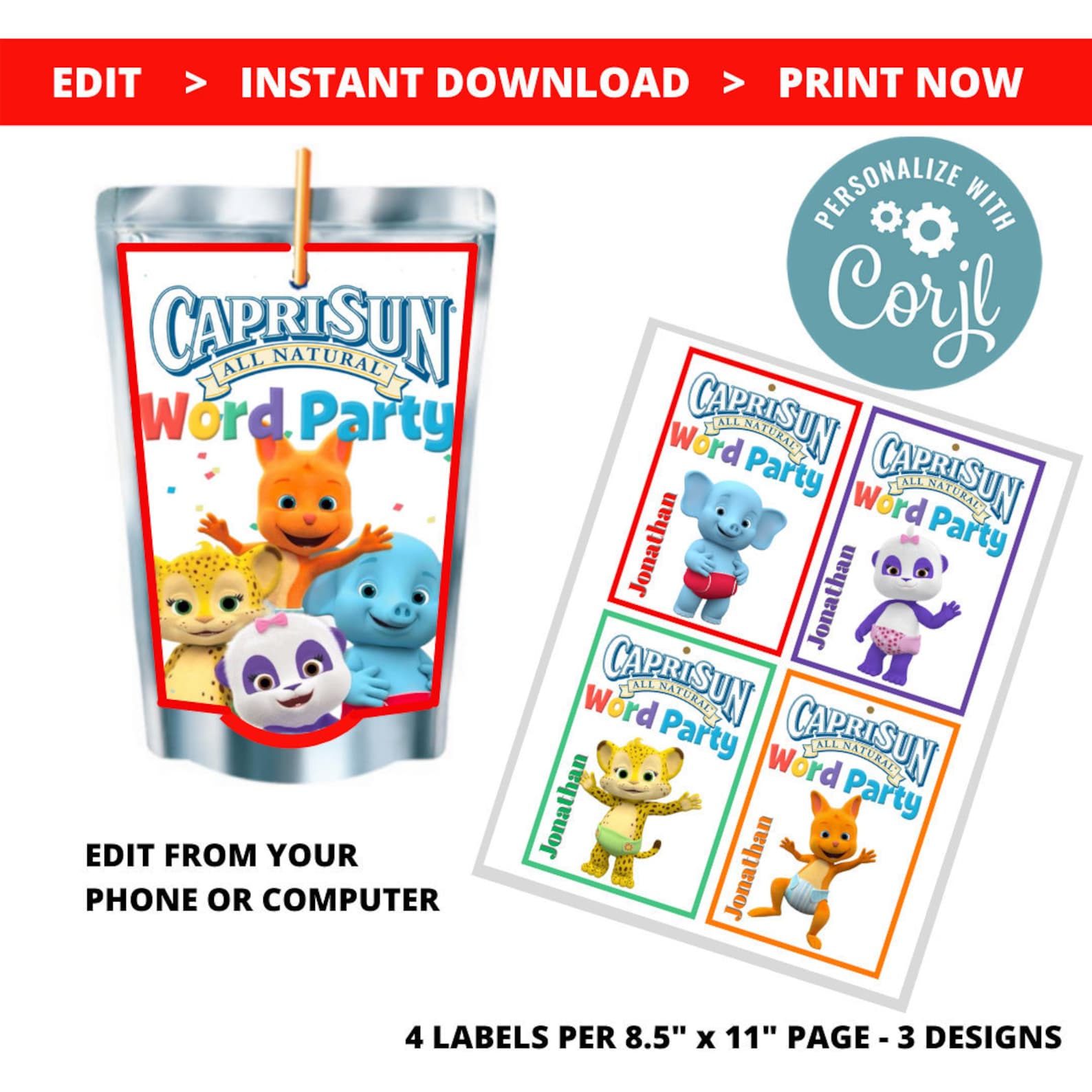 Word Party Capri Sun Labels Digital Labels Printable Word Etsy