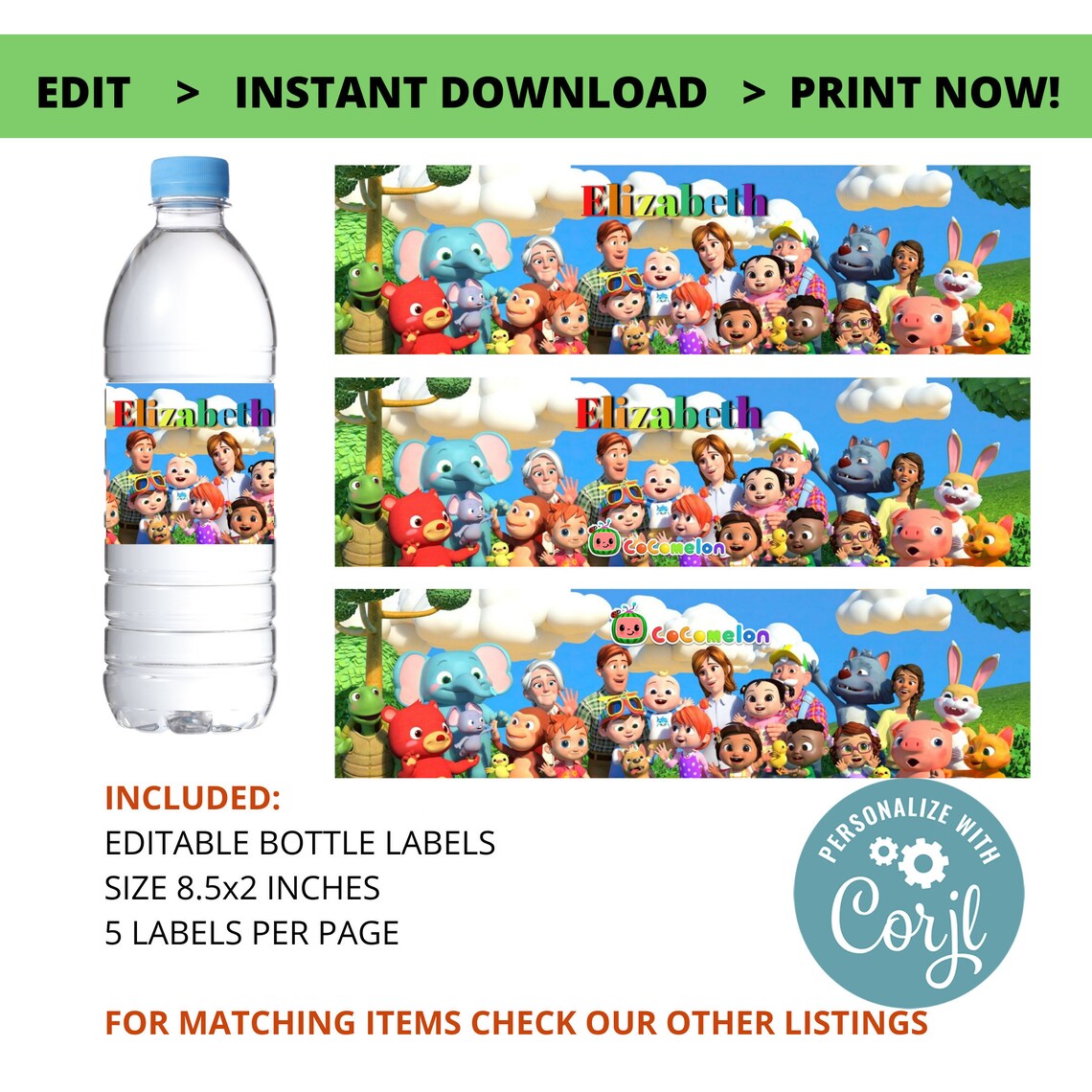 cocomelon water bottle labels digital labels printable etsy