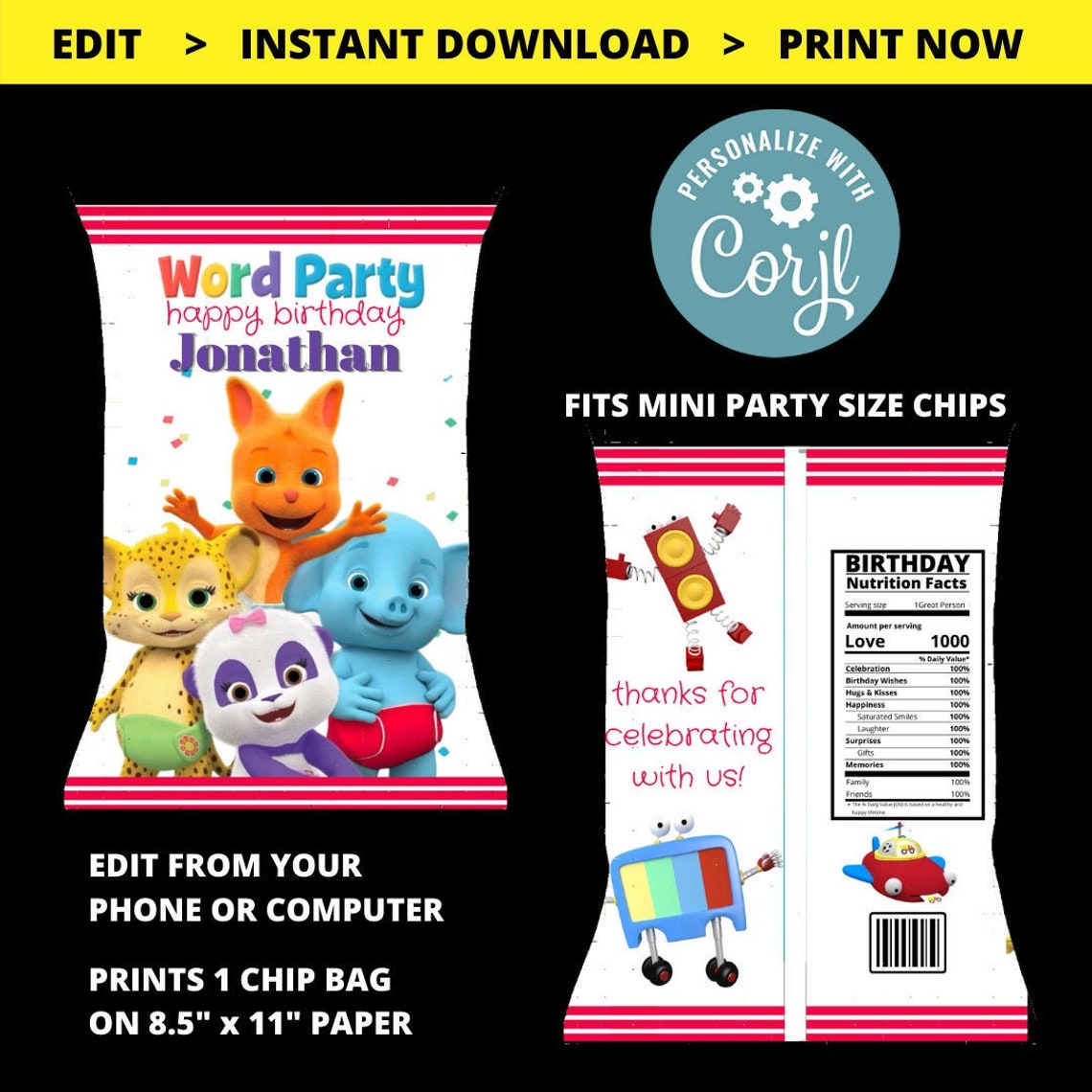 Word Party Chip Bag Vertical Rainbow Digital Chip Bag | Etsy