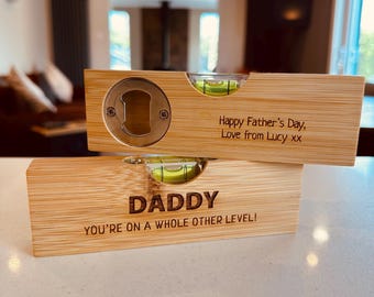 Personalised Wooden Spirit Level and Bottle Opener, Perfect Fathers Day Gift for Dad or Grandad