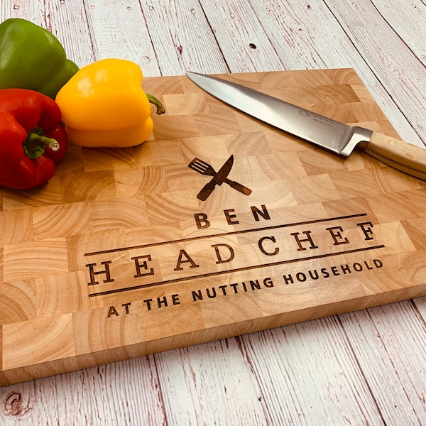 Personalised Extra Large End Grain Heveawood Chunky Chopping Board with Head Chef design.  Ideal gift for any occasion.