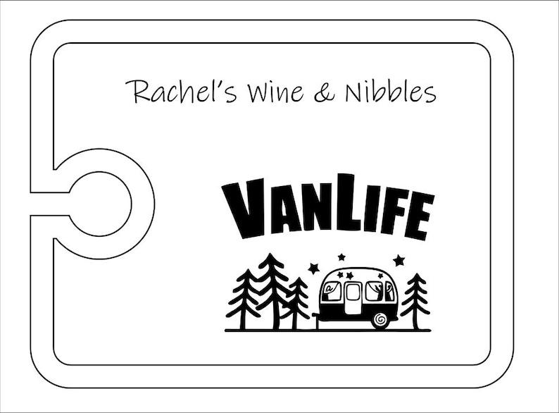 May include: A rectangular white serving board with a rounded cutout on the left side. The text Rachel's Wine & Nibbles is printed at the top. Below, the word VANLIFE appears above a graphic of a camper trailer surrounded by trees and stars.