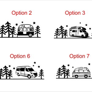 May include: A set of eight black graphic icons labelled Option 1 through Option 8, each featuring a different camper van or trailer silhouette positioned next to a cluster of pine trees and small stars against a plain white background.