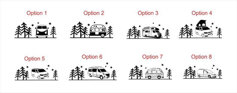 May include: A set of eight black graphic icons labelled Option 1 through Option 8, each featuring a different camper van or trailer silhouette positioned next to a cluster of pine trees and small stars against a plain white background.