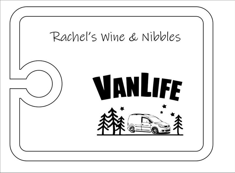 May include: A rectangular white serving board with a rounded cutout on the left side. The text Rachel's Wine & Nibbles is printed at the top. Below, the word VANLIFE appears above a graphic of a van, pine trees, and small stars.
