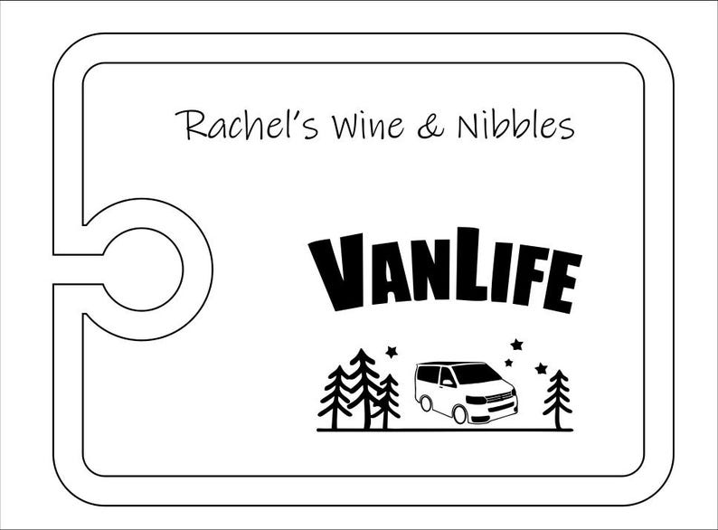May include: A rectangular white serving board with rounded corners and a circular cutout on the left side. The text Rachel's Wine & Nibbles is printed at the top. Below, the word VANLIFE appears above a graphic of a van, trees, and stars.