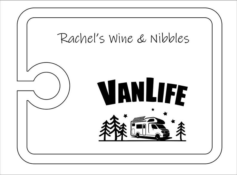 May include: A rectangular white serving board with a rounded cutout on the left side. The text Rachel's Wine & Nibbles is printed at the top. Below, a black graphic features the word VANLIFE above a camper van, pine trees, and stars.