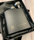 Personalised engraved matte black / stainless 6 oz hip flask.  Ideal gift for any occasion.