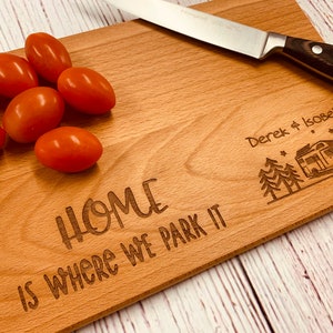 Home is where we park it small personalised chopping board, 4 designs to choose from.  Motorhome chopping board.  Camper gift.  Caravan gift