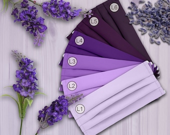 Lilac, Pansy, Dahlia, Plum, Magenta Solid Color Prints. KONA Cotton. Pleated Face Mask. Washable Reusable. Made in the USA