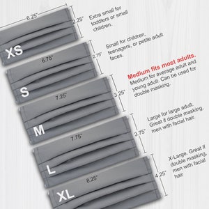 May include: A chart showing different sizes of face masks with measurements in inches. The sizes are XS, S, M, L, and XL. The chart includes descriptions of each size, such as "Extra small for toddlers or small children" and "Medium fits most adults".