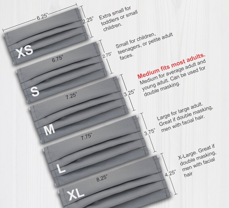 May include: A chart showing different sizes of face masks with measurements in inches. The sizes are XS, S, M, L, and XL. The chart includes descriptions of each size, such as "Extra small for toddlers or small children" and "Medium fits most adults".