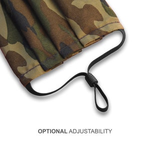 May include: A close-up of a camouflage face mask with adjustable ear loops. The ear loops are black elastic and have a toggle to adjust the length.