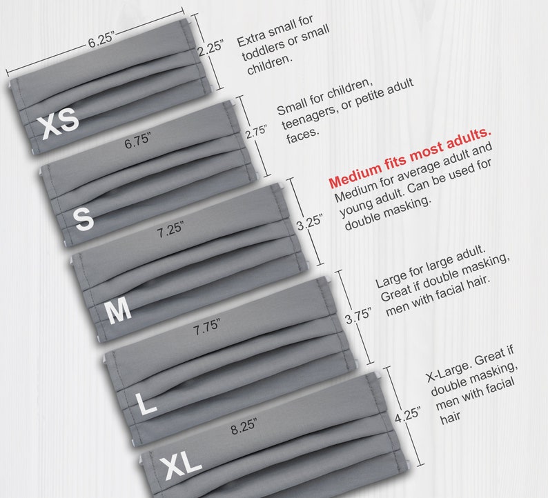 May include: A chart showing different sizes of face masks with measurements in inches. The sizes are XS, S, M, L, and XL. The chart includes descriptions of each size, such as "Extra small for toddlers or small children" and "Medium fits most adults".