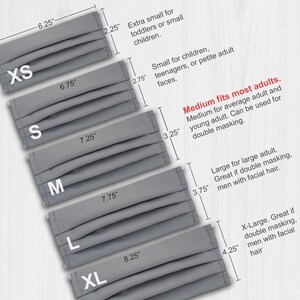 May include: A chart showing different sizes of face masks with measurements in inches. The sizes are XS, S, M, L, and XL. The chart includes descriptions of each size, such as "Extra small for toddlers or small children" and "Medium fits most adults".