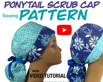Può includere: Modello di cucito per un berretto da lavoro con coda di cavallo, stampa floreale blu e bianca e stampa a pois turchese e bianca. Il modello include un tutorial video e un download istantaneo di PDF.