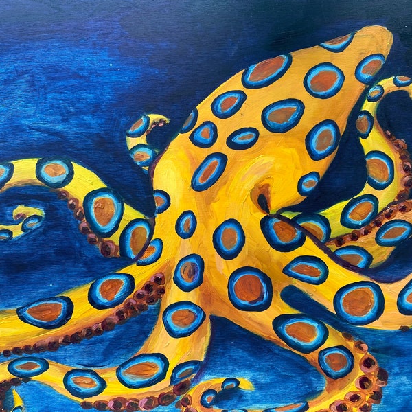 Octopus Wall Art Painting, blue-ringed octopus original oil painting on wood panel, 11”x14” home decor wall art