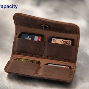 Étui/portefeuille/support personnalisé pour carte mémoire SD/CFexpress type A en cuir véritable ; Capacité de 4 cartes. Gravure en option.
