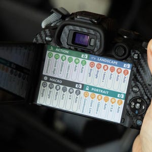 Op de afbeelding: Digitale camera met een koolstofvezeltextuur, het LCD-scherm is open. Het scherm toont verschillende opnamemodi, waaronder Actie, Macro, Landschap en Portret, met instellingen zoals Auto, Single en Continuous.