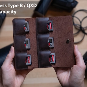 Étui/portefeuille/support personnalisé pour carte mémoire CFExpress Type B et XQD en cuir véritable ; Capacité de 6 cartes pour n'importe quel sac photo ; Appareils photo hybrides