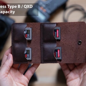 Étui/portefeuille/support personnalisé pour carte mémoire CFExpress de type B et QXD en cuir véritable ; Capacité de 4 cartes ; Appareils photo hybrides, reflex numérique, SD, SDHC