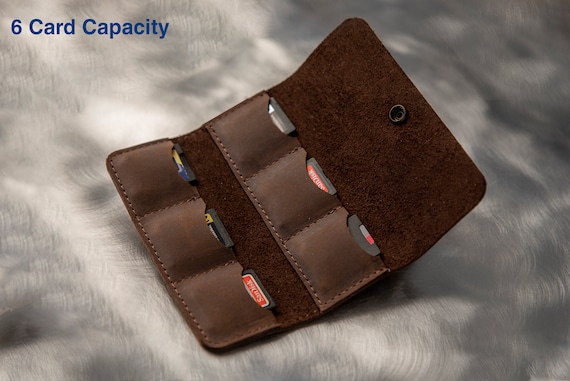 Genuine Leather SD Memory Card Case / Wallet / Holder; 6 Card Capacity Fits in any Camera Bag; Great for Travel Photography