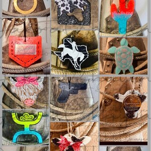 May include: A collection of 16 different car air fresheners with various designs, including a cow, a gun, a cross, a turtle, a cactus, a house, a nurse, a fish, a horseshoe, a cowboy boot, a duck, a Mickey Mouse head, a ring, a Wrangler logo, and a Texas state outline. The air fresheners are all attached to a brown rope.