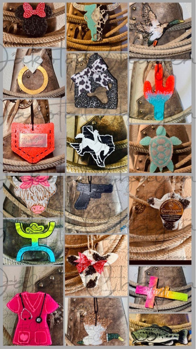 May include: A collection of 16 different car air fresheners with various designs, including a cow, a gun, a cross, a turtle, a cactus, a house, a nurse, a fish, a horseshoe, a cowboy boot, a duck, a Mickey Mouse head, a ring, a Wrangler logo, and a Texas state outline. The air fresheners are all attached to a brown rope.