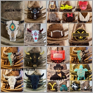 May include: A collage of 12 images showcasing various embroidered patches, including skulls, footballs, a cowboy, a turtle, and a Yellowstone Ranch logo. The patches are displayed on a brown leather background with rope accents.