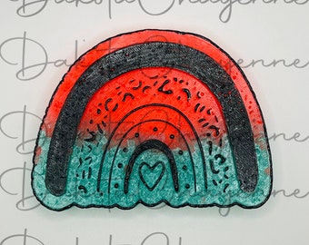 May include: A rainbow-shaped resin ornament with a black outline and a heart in the center. The rainbow is made of red, orange, yellow, green, blue, and purple resin.