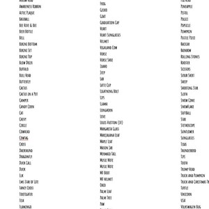 May include: A black and white list of words, including shapes, animals, and objects. The words are organized in two columns. The list is titled "Shapes" at the top.