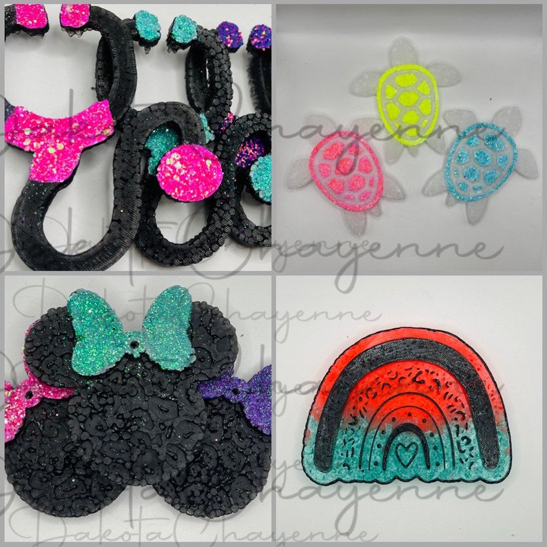 May include: A set of colorful, glittery resin crafts including a rainbow, a pair of Minnie Mouse ears, and three sea turtles. The crafts are all black with various colors of glitter.