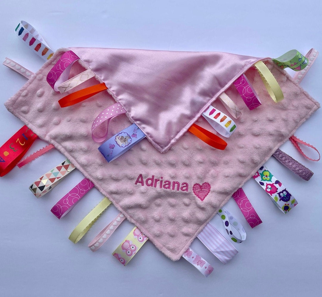 Personalized Ribbon Tag Blanket Lovey Blanket Sensory Blanket Security