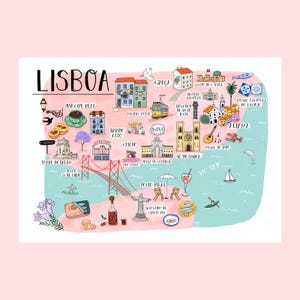 May include: A colorful illustrated map of Lisbon titled LISBOA, featuring landmarks like the Torre de Belém, the 25 de Abril Bridge, and the Christ the King statue. The artwork includes various icons such as trams, sardines, and local food items.