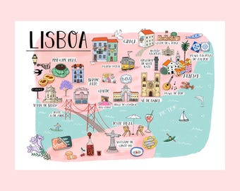 Lisbon Illustrated Map — Printable A3 Digital Download