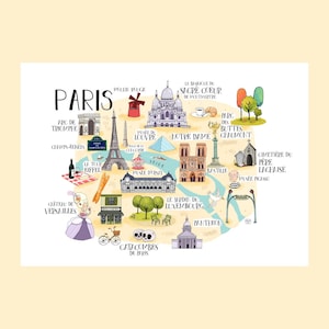 May include: A colorful illustrated map of Paris featuring landmarks like the Eiffel Tower, Notre Dame, and the Louvre. The print includes labels for sites such as the Arc de Triomphe, Sacré Coeur, and the Catacombs, alongside icons of a croissant, wine, and a bicycle.
