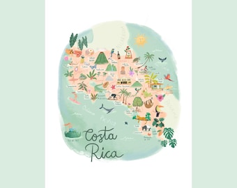 Puede incluir: Un mapa ilustrado a color de Costa Rica sobre un fondo blanco, con el texto Costa Rica en letra cursiva. El mapa incluye varios iconos como un volcán, plantas tropicales y animales como un perezoso y un tucán, además de tablas.